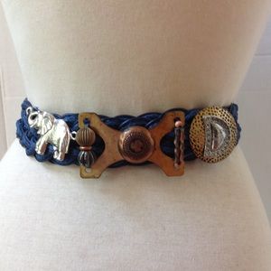 Vintage Rhea Blue Elephant Belt Braided Brass Wrap
